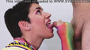 She proudly TAKES his COCK in her mouth, HANDLING it until he CUMS on her face