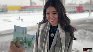 Public agent offers a shaved teen a cum-on-ass casting on a crowded public train.