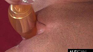 Barefoot cutie uses vibrator on her wet areas for close-up pleasure.