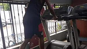 Young strangers eye each other at gym before he fucks her shaved pussy hard at home