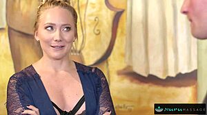 stunning blonde cheerleader oils up for epic cock massage