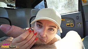 Beautiful taxi lady swallows passenger cum in car!