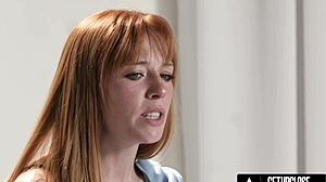 Tiny teen redhead Madi Collins shares her intense Hitachi orgasm story. Up close, her petite frame quivers wildly.