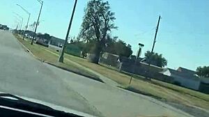 Flashing huge tits in car passenger seat, police nearly catch pussy play outdoors near hotel