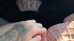 Flashing huge tits in car passenger seat, police nearly catch pussy play outdoors near hotel