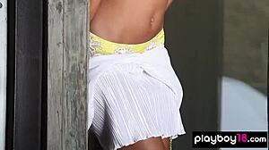 Ebony babe strips to show her huge tits