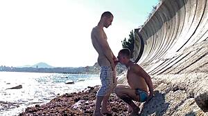 Gay sex on the beach with Falcon, Oliver Strelly, and young tattooed stud