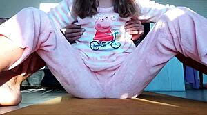 Teasing petite 18+ horny stepsister with small tits in pajamas and taboo pussy touch