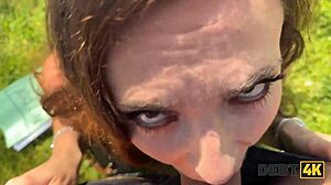 debt4k: beautiful bitch seduces for outdoor payback blowjob