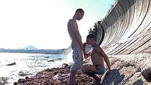 Gay sex on the beach with Falcon, Oliver Strelly, and young tattooed stud