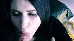 Guy forces beautiful brunette blowjob with cum on face