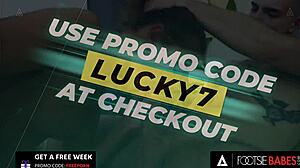 I'm overwhelmed by this cute brunette giving a hot footjob and taking cum on her pretty feet at Footsie Babes.