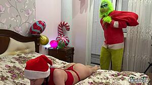 stepson leaves for work before christmas, stepmother cheats with grinch for huge cum load