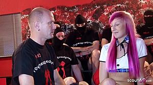 Skinny German teen's first creampie gangbang with blowbang and bukkake