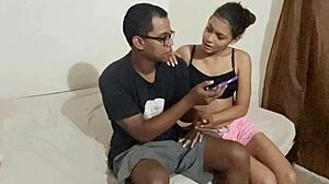 Stepbrother Slides Huge Cock In While Teaching Phone Games