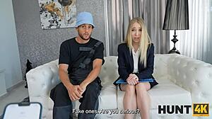 Intense fucking sessions with blonde in uniform, watched by cuckold with big cock