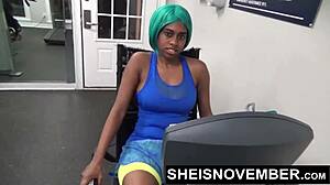Fit ebony MsNovember cosplays naked in gym, gets ROUGH PUBLICFUCK from stranger, SUCKS his DICK, FACESITS, and enjoys HARDCORESEX
