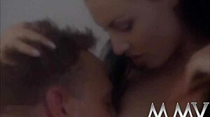 Chesty babe contrasts riding large dick with retro blowjob