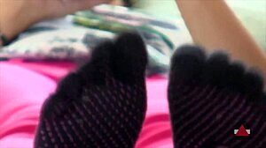 Toe Socks Drive Her Wild in Bedroom Fetish Play. Feet and Jeans Add to the Heat.