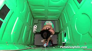 Porta Gloryhole Latina Swallows Strangers’ Cum in Public