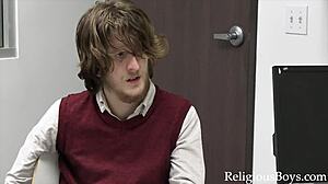 Twinks engage in anal fucking in church office