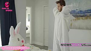 Disguised as a bunny to bang them hard, teen and milf in wild threesome doggystyle. Spanish subtitles included.