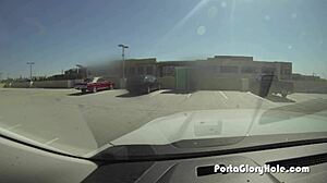 Porta Gloryhole Latina Swallows Strangers’ Cum in Public