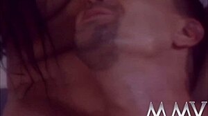 Chesty babe contrasts riding large dick with retro blowjob