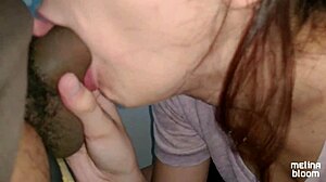 Teen 18+ swallows cum on building stairs in public pov