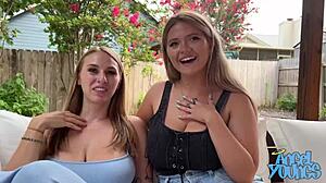 Two Busty Blondes Angel and Angie Share Monster Cock in Steamy Threesome