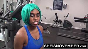 Fit ebony MsNovember cosplays naked in gym, gets ROUGH PUBLICFUCK from stranger, SUCKS his DICK, FACESITS, and enjoys HARDCORESEX
