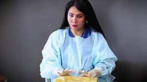 In the hospital, a nurse in latex gloves tends to her patient with fetishistic care.
