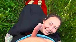 Deep Throating Pov Blowjob In A Field Big Tits Tattoo Nature Public