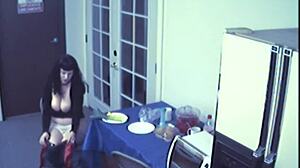 Busty food fetish slut toys big tits, masturbates with food, spied on by hidden cam voyeur.
