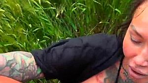 Deep Throating Pov Blowjob In A Field Big Tits Tattoo Nature Public