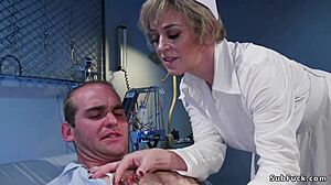 In the hospital, a dominant milf nurse ties up her patient and uses a dildo for deepthroat submission