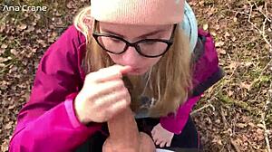 Sensual blowjob in the forest with cum in mouth