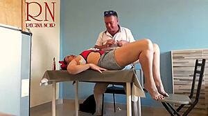 The naked waitress lets a restaurant guest eat from her navel