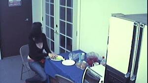 Busty food fetish slut toys big tits, masturbates with food, spied on by hidden cam voyeur.