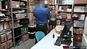 Busty teen caught stealing, gives blowjob