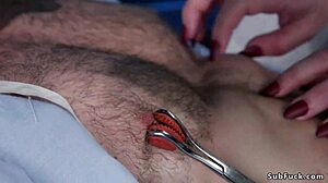 In the hospital, a dominant milf nurse ties up her patient and uses a dildo for deepthroat submission