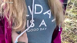 Sensual blowjob in the forest with cum in mouth