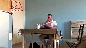 The naked waitress lets a restaurant guest eat from her navel