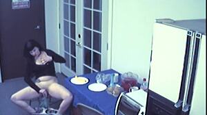 Busty food fetish slut toys big tits, masturbates with food, spied on by hidden cam voyeur.