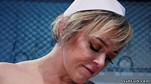 In the hospital, a dominant milf nurse ties up her patient and uses a dildo for deepthroat submission