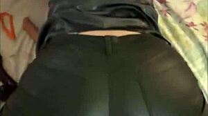 french amateur in leather pants and satin lingerie exhibitionism pov