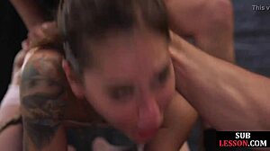 bound submissive tied up in lingerie by dom