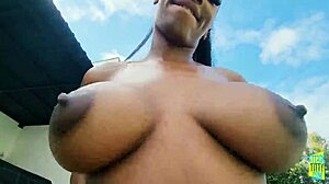 ebony babe jaymee green in bikini, bent over for blowjob and cowgirl riding on big cock