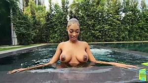 ebony babe jaymee green in bikini, bent over for blowjob and cowgirl riding on big cock