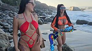 Found two horny Latinas on the beach using sunscreen to suck my big cock